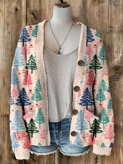 Pink Christmas Tree Print Buttoned Cardigan Sweater