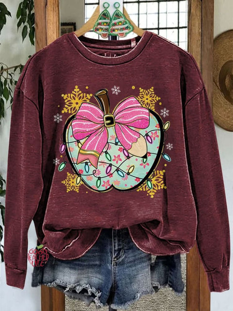 Colorful Glitter Apple Bow Teacher Merry Christmas Casual Sweatshirt