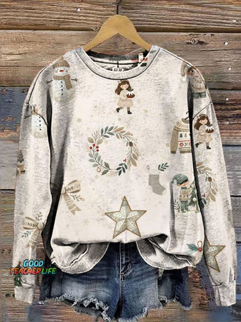 Cozy Retro Christmas Print Casual  Sweatshirt