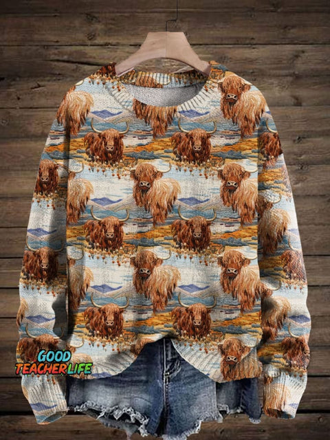 Highland Cow Embroidered Art Print Knit Pullover Sweater