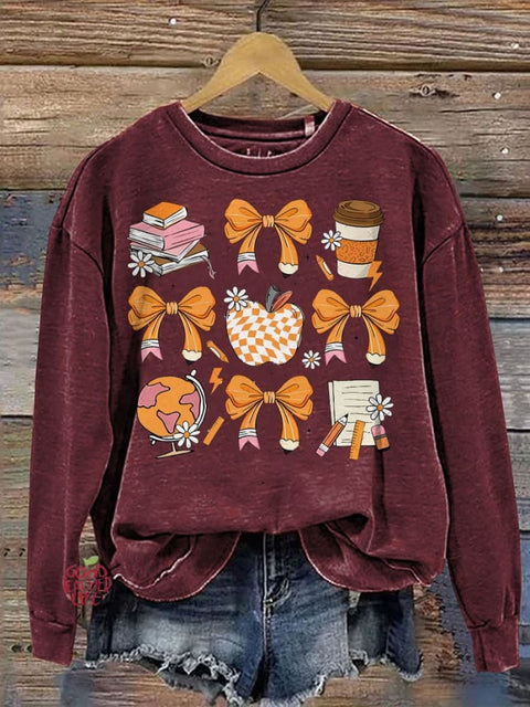 Teacher Fall Autumn Retro Fall Coquette Bow Casual  Sweatshirt