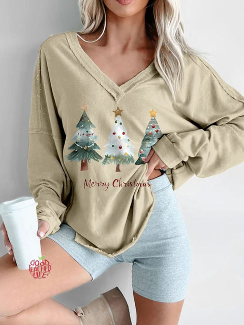 Women's Merry Christmas Tree Print Long Sleeve V-neck Comfortable Cotton Shirt