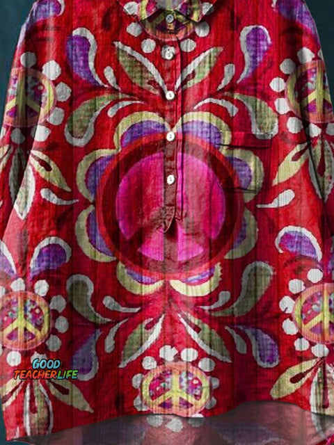 Vintage Floral Peace And Love Art Print Casual Cotton And Linen Shirt