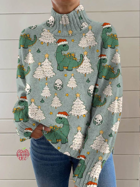 Women's Lovely Christmas Dinosaur Tree Art Print Knit Turtleneck Pullover Sweater