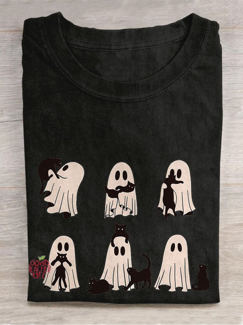 Ghost Cat Halloween Casual Print T-shirt