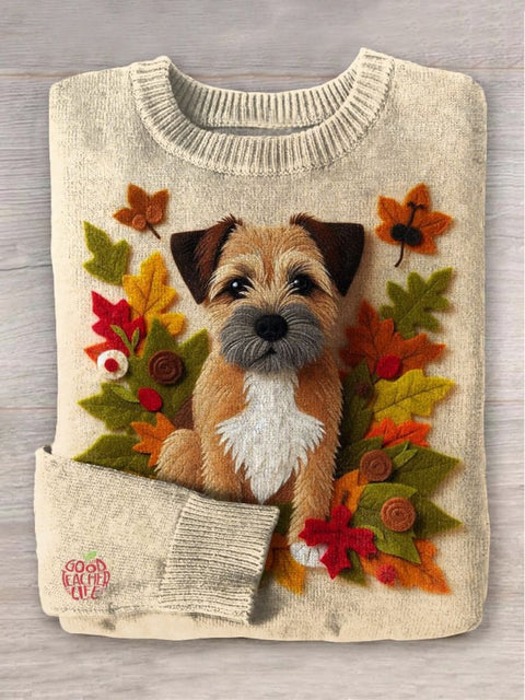 Felt Cute Leaf Dog Art Print Knit Pullover Sweater