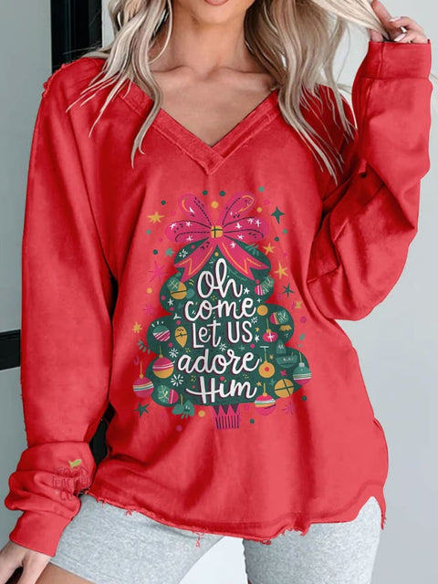 Women's Oh Come Let Us Adore Him Coquette Christmas Tree Print Long Sleeve V-neck Comfortable Cotton Shirt