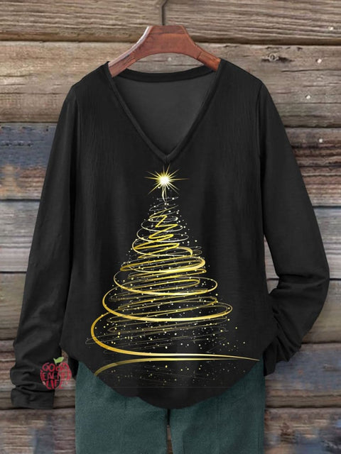 Christmas Light Art Print Cotton 100% Casual V-neck Long Sleeve T-shirt