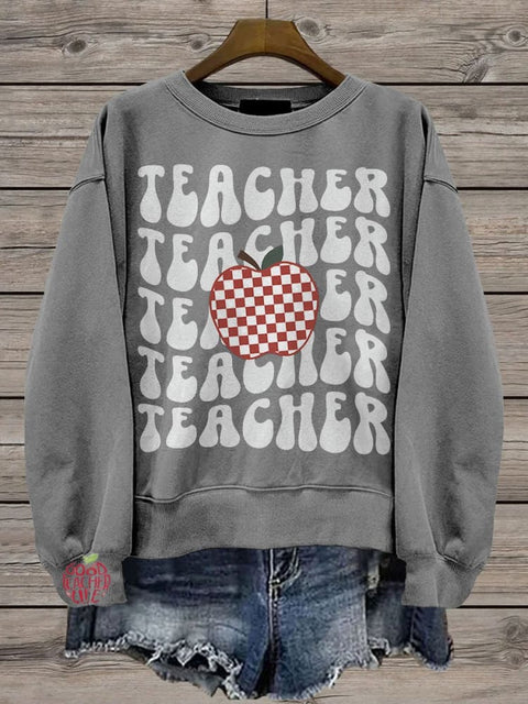 Teachers Retro Apple Casual Print Sweatshirt