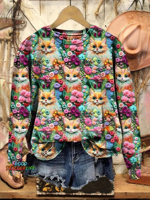 Lovely Cats Floral Art Print Casual Sweatshirt