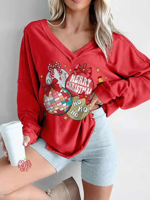 Women's Retro Christmas Ornaments Print Long Sleeve V-neck Comfortable Cotton Shirt