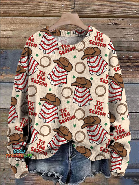 Christmas Tree Tis’ The Season Print Knit Pullover Sweater