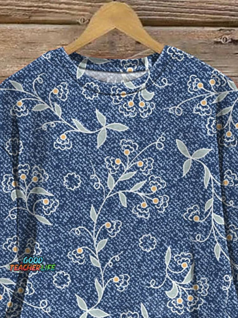Denim And Floral Pattern Printed Casual Sweatshirt