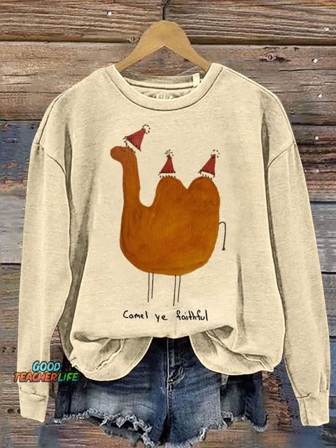 Camel Ye Faithful Funny  Christmas Print Casual  Sweatshirt