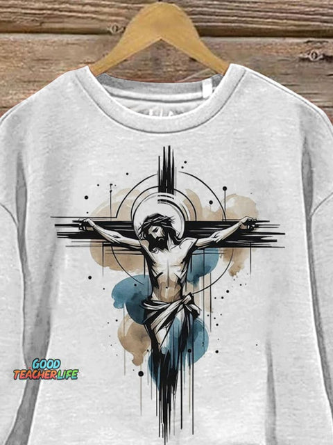 Jesus And Crusifix Graphic Printed Casual Sweatshirt