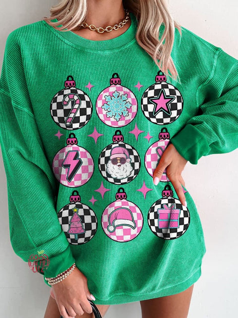 Groovy Christmas Pink Checkered  Women's  Casual Print Corduroy Sweatshirt