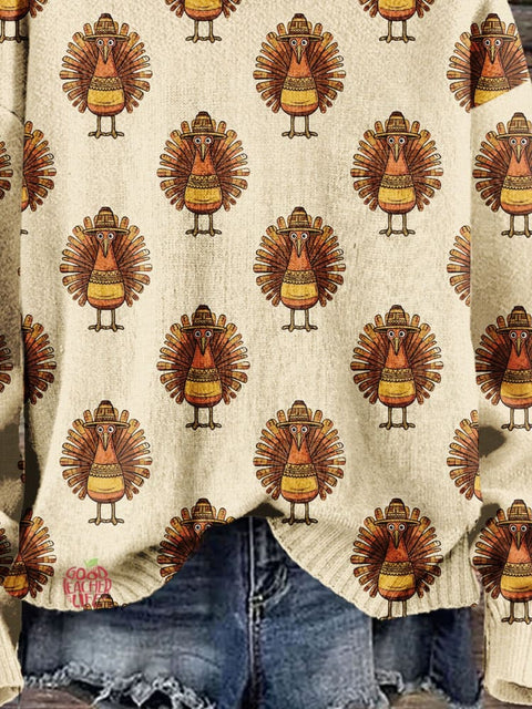 Christmas Gift Thanksgiving Turkey Art Print Knit Pullover Sweater