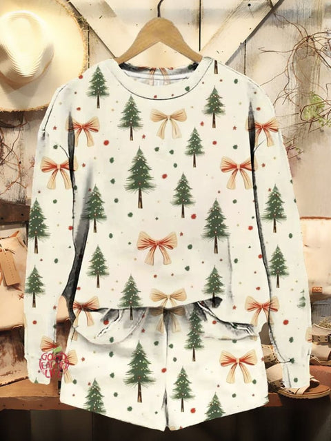 Women's Christmas Tree Bow Print Casual Sweatshirt Shorts Set