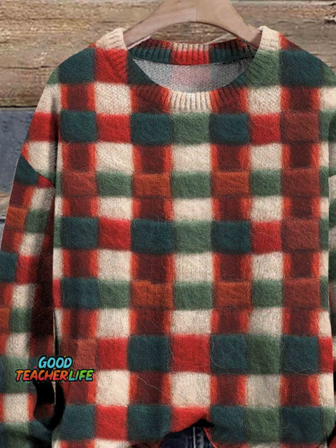 Christmas Plaid Art Print Knit Pullover Sweater