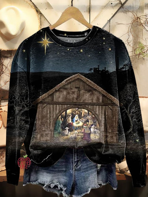 Women's Nativity Stable Print Casual Crew Neck Sweatshirt