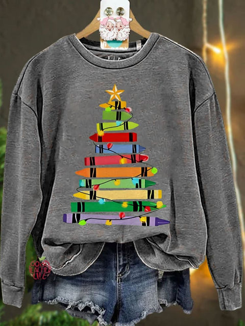 Crayons Tree Colored Lights Teacher Christmas Casual Sweatshirt