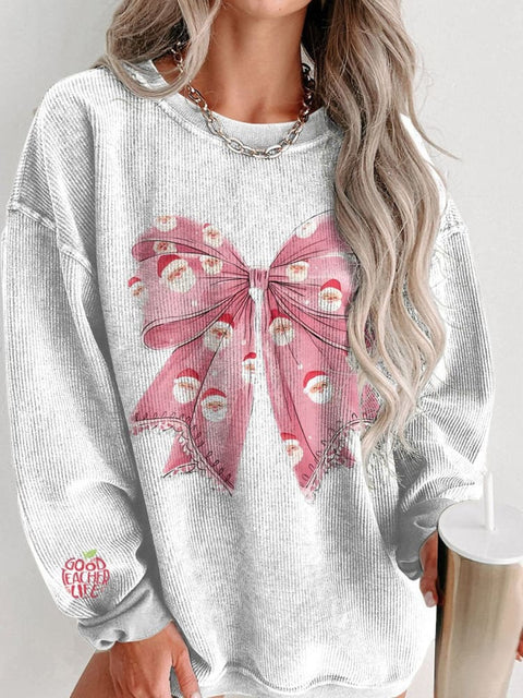 Christmas Cute Santa Bow Women's  Casual Print Corduroy Sweatshirt