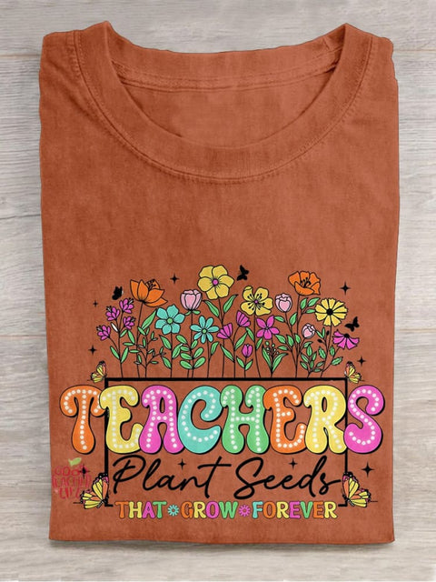 Floral Teacher Casual Print T-shirt