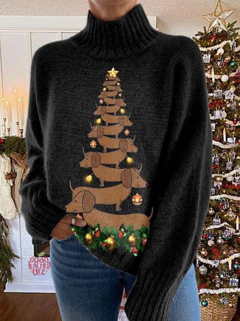 Dachshund Glitter  Christmas Tree Print Knit Turtleneck Pullover Sweater