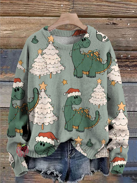 Christmas Cute Dinosaur Decoration Art Pattern Print Casual Knit Pullover Sweater