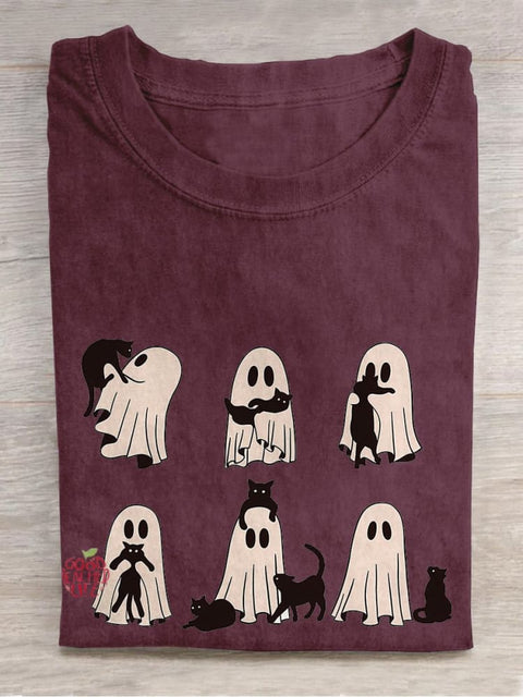 Ghost Cat Halloween Casual Print T-shirt