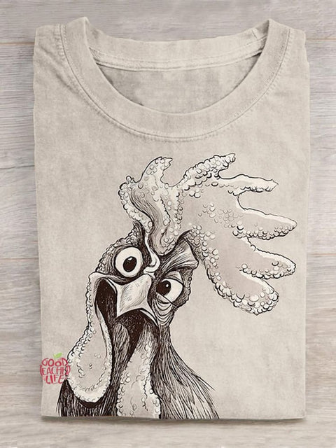 Curiously Gazing Chicken Line Drawing Illustration Printed T-shirt