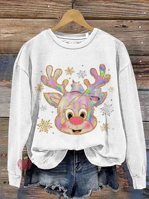 Iridescent Reindeer Christmas Casual Print Sweatshirt