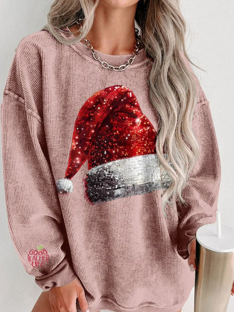 Christmas Glitter Santa Hat Print Women's Casual Sweatshirt