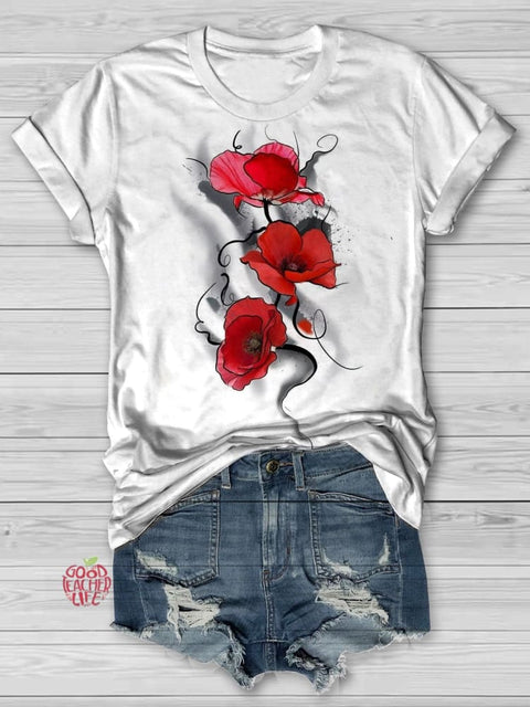 Poppy Flower Art Print Short Sleeve Casual T-shirt