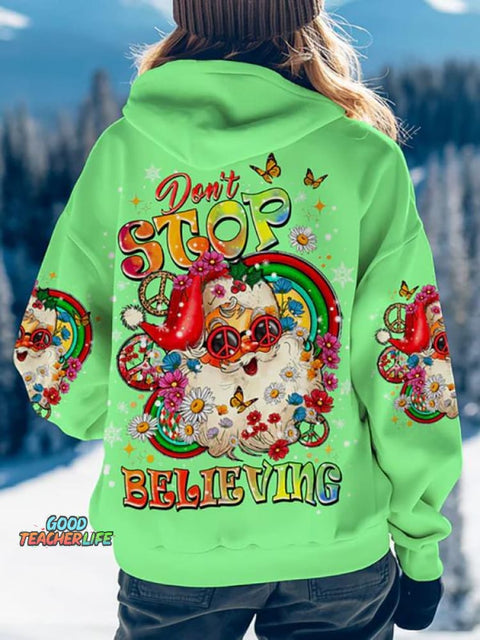 Women's Don't Stop Believing Christmas All Over Print Casual Hoodie Sweatshirt