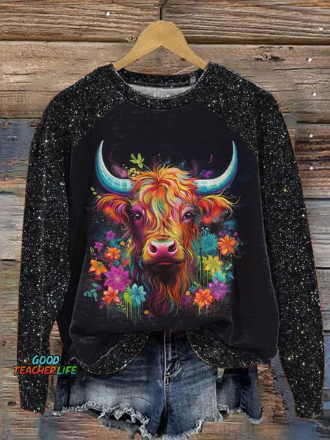 Multicolor Highland Cow Art Printed Casual Sweatshirt