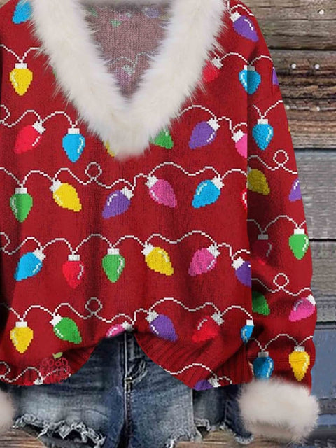 Christmas Lights Print Knit Pullover Fur Collar Sweater