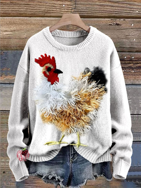 Farm Cute Animals Chicken Embroidery Simulation Print Knit Pullover Sweater