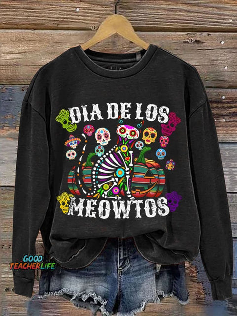 Dia De Los Meowtos Mexicano Casual Print Sweatshirt