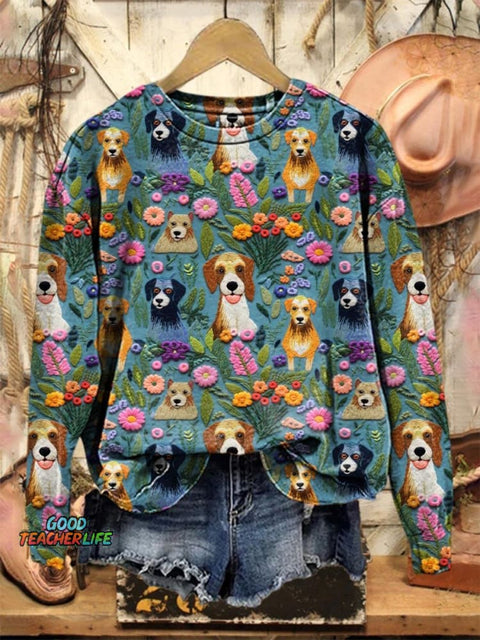 Lovely Dogs Floral Art Print Casual Sweatshirt