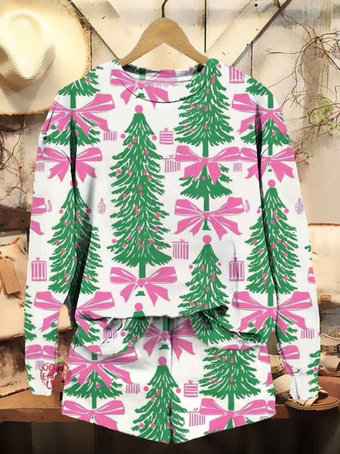 Women's Bowknot Christmas Tree Pattern Printed Casual Sweatshirt Shorts Set