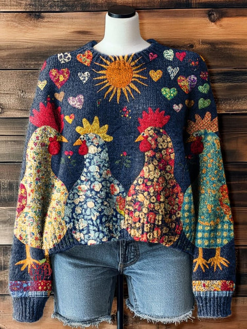 Chicken Art Print Casual Pullover Sweater