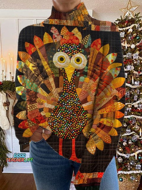 Turkey Art Print Knit Turtleneck Pullover Sweater