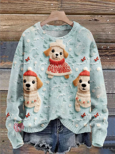 Retro Christmas Gift Dog Art Print Knit Pullover Sweater