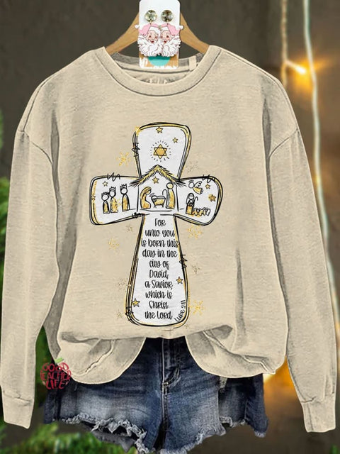 Jesus Christmas Cross Nativity Scene Oh Holy Night Casual Sweatshirt