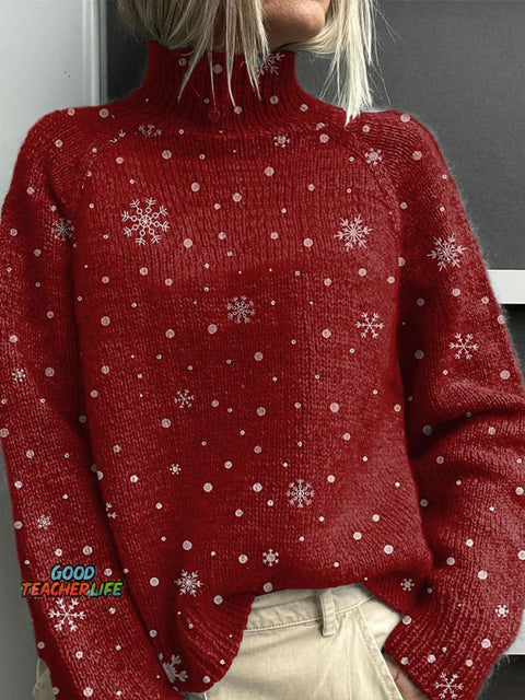 Christmas red snowflakes Print Knit Turtleneck Pullover Sweater