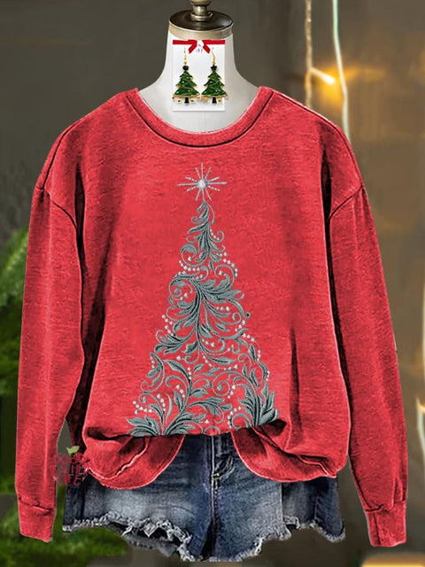 Tengman Christmas Tree Imitation Embroidery Printed Casual Sweatshirt