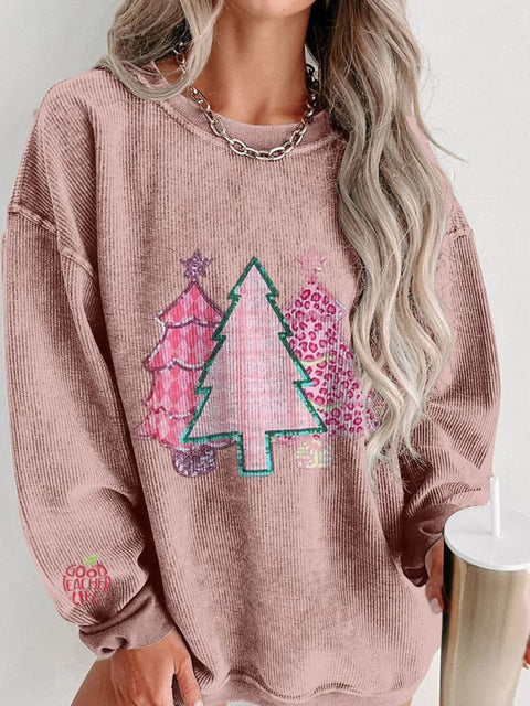 Cute Christmas Tree Women's  Casual Print Corduroy Sweatshirt