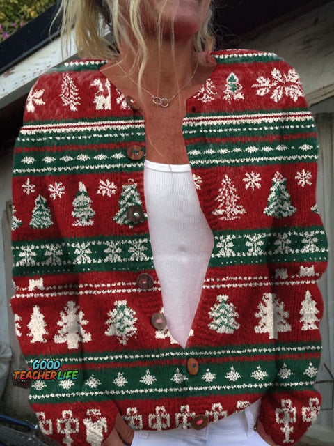 Christmas Tree Print Buttoned Cardigan Sweater