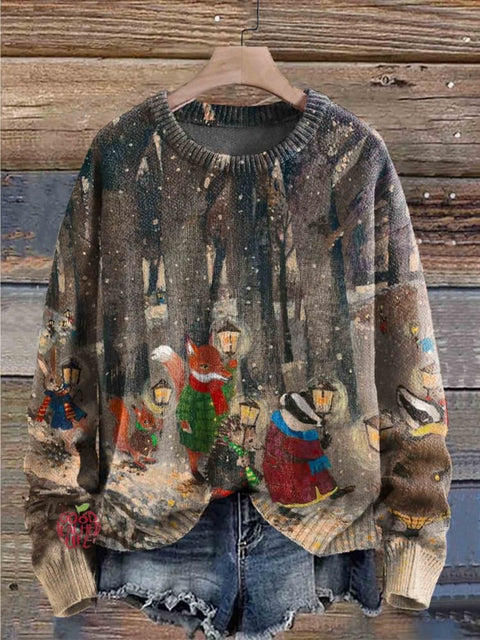 Christmas Winter Woodland Parade Round Neck Fashion Retro Casual Printed Sweater